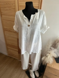 Lekka bluzka lniana bawełniana styl boho, oversize biała