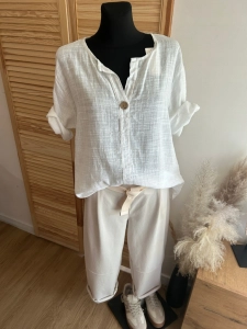 Lekka bluzka lniana bawełniana styl boho, oversize biała