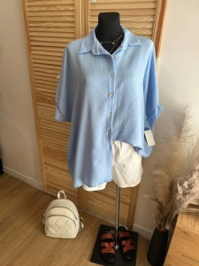 Bluzka damska oversize luźna koszula Niebieska Elegancka Zwiewna