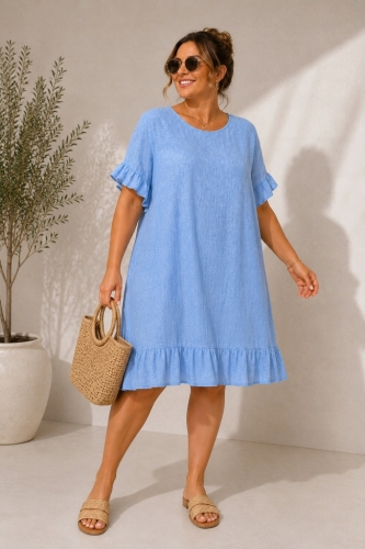 Zwiewna i lekka sukienka damska Letnia oversize z Falbanką Niebieska Jasna
