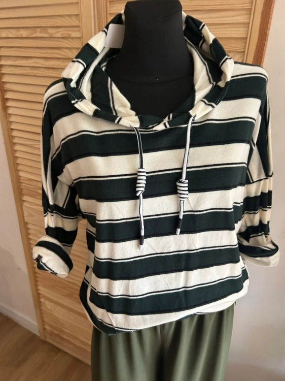 Bluza damska w paski z kapturem sportowa miękka lekka Zielona