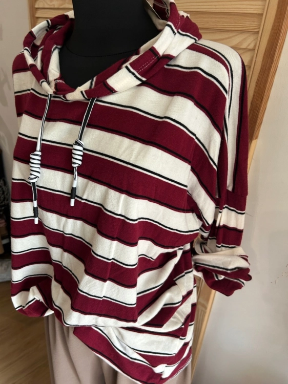 Bluza damska w paski z kapturem sportowa miękka lekka Bordowa