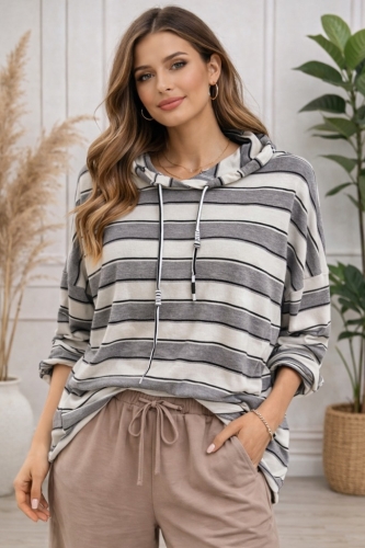 Bluza damska w paski z kapturem sportowa miękka lekka Szara