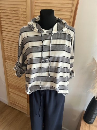 Bluza damska w paski z kapturem sportowa miękka lekka Szara
