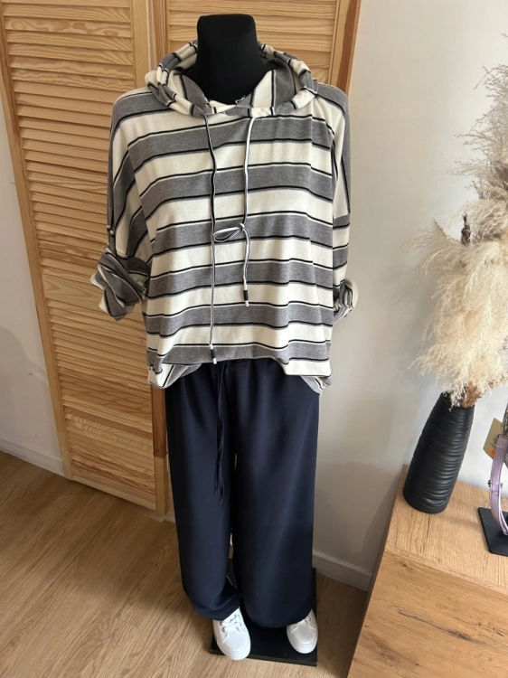 Bluza damska w paski z kapturem sportowa miękka lekka Szara
