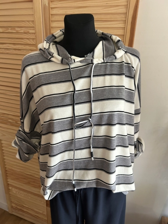 Bluza damska w paski z kapturem sportowa miękka lekka Szara