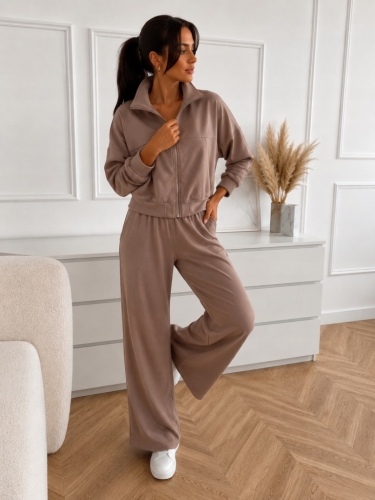 Komplet Dresowy Damski Bluza Rozpinana i Szerokie Spodnie WIDE beżowy l/xl