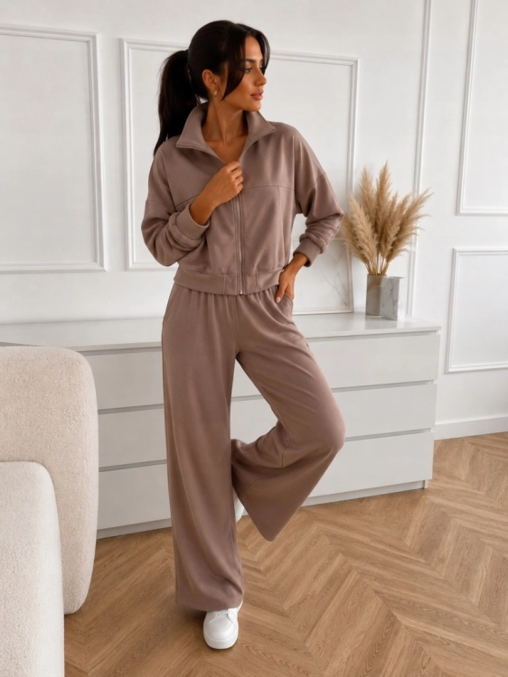 Komplet Dresowy Damski Bluza Rozpinana i Szerokie Spodnie WIDE beżowy l/xl