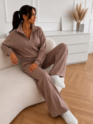 Komplet Dresowy Damski Bluza Rozpinana i Szerokie Spodnie WIDE beżowy l/xl