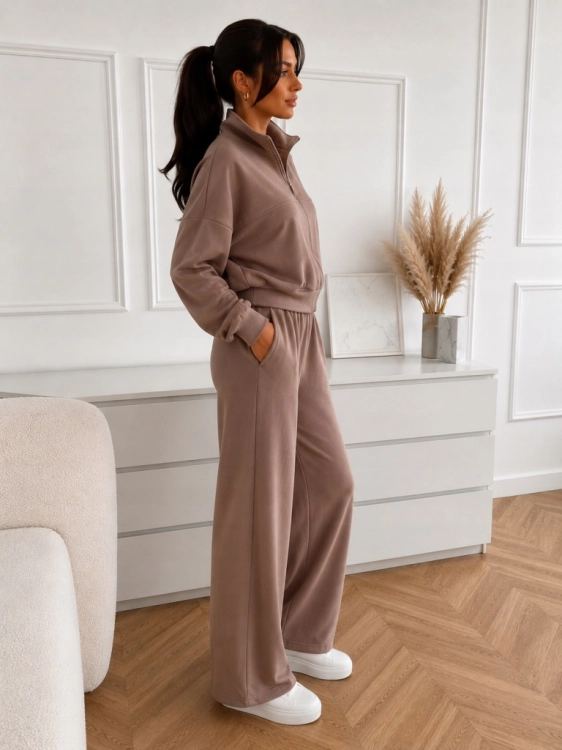 Komplet Dresowy Damski Bluza Rozpinana i Szerokie Spodnie WIDE beżowy l/xl