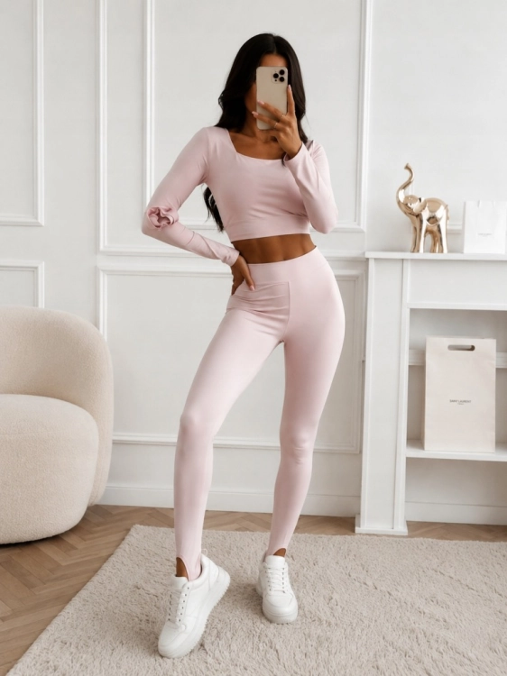 Legginsy Damskie Modelujące Wysoki Stan Push Up Slim Fit ze Stopką Różowe