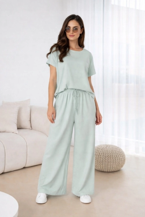 Komplet damski zwiewny Lejący Lekki Szerokie spodnie Elegancki Miętowy