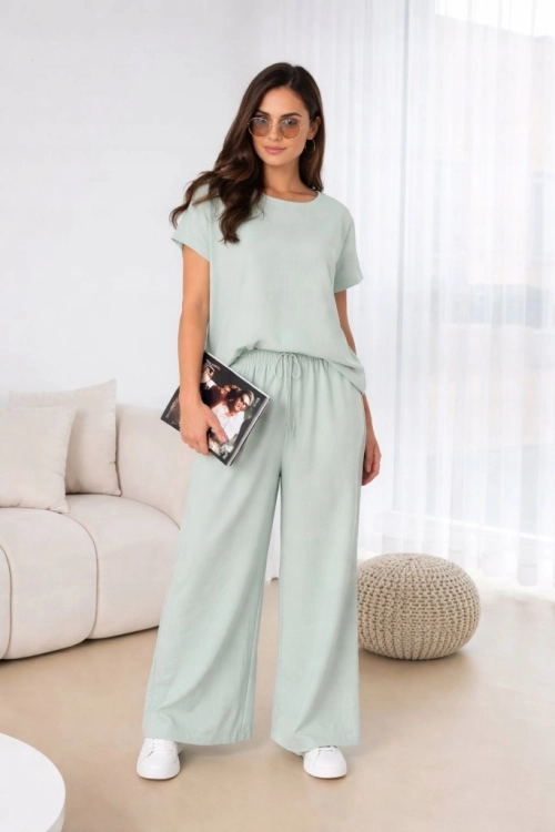 Komplet damski zwiewny Lejący Lekki Szerokie spodnie Elegancki Miętowy