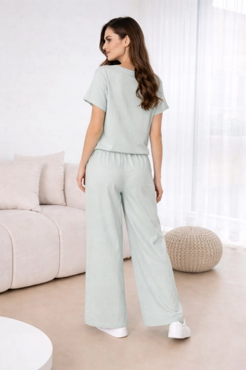 Komplet damski zwiewny Lejący Lekki Szerokie spodnie Elegancki Miętowy