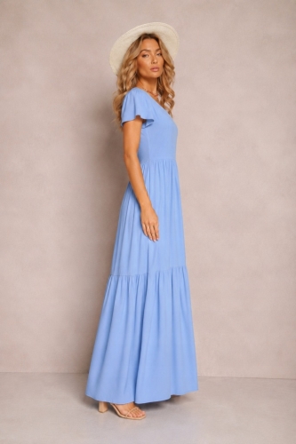 Sukienka letnia maxi długa zwiewna boho romantyczna falban niebieska xl/xxl