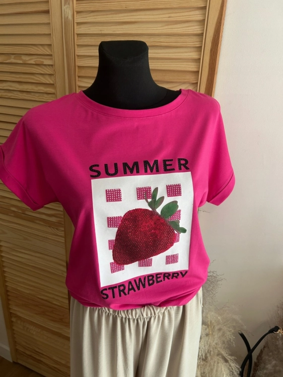 Koszulka damska MEGI Truskawka modny i wygodny basic Tshirt Różowa S/m