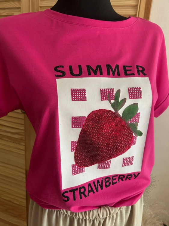Koszulka damska MEGI Truskawka modny i wygodny basic Tshirt Różowa S/m