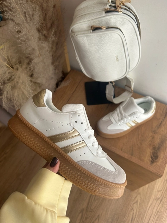 Sneakersy damskie na grubej podeszwie Białe złote dodatki 40