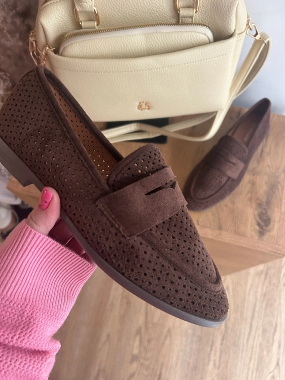 Mokasyny Damskie Loafersy Dziurki Miękkie Lekkie Brązowe Czekoladowe
