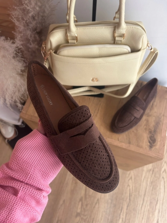 Mokasyny Damskie Loafersy Dziurki Miękkie Lekkie Brązowe Czekoladowe