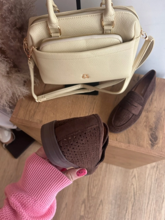 Mokasyny Damskie Loafersy Dziurki Miękkie Lekkie Brązowe Czekoladowe
