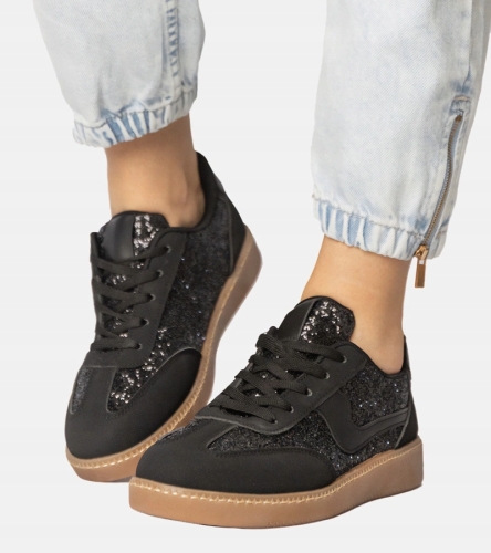 Czarne sneakersy damskie buty sportowe zdobione brokatem