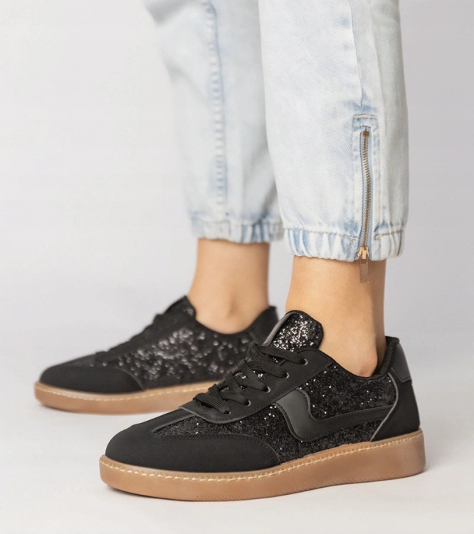 Czarne sneakersy damskie buty sportowe zdobione brokatem