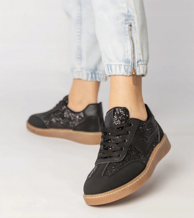 Czarne sneakersy damskie buty sportowe zdobione brokatem