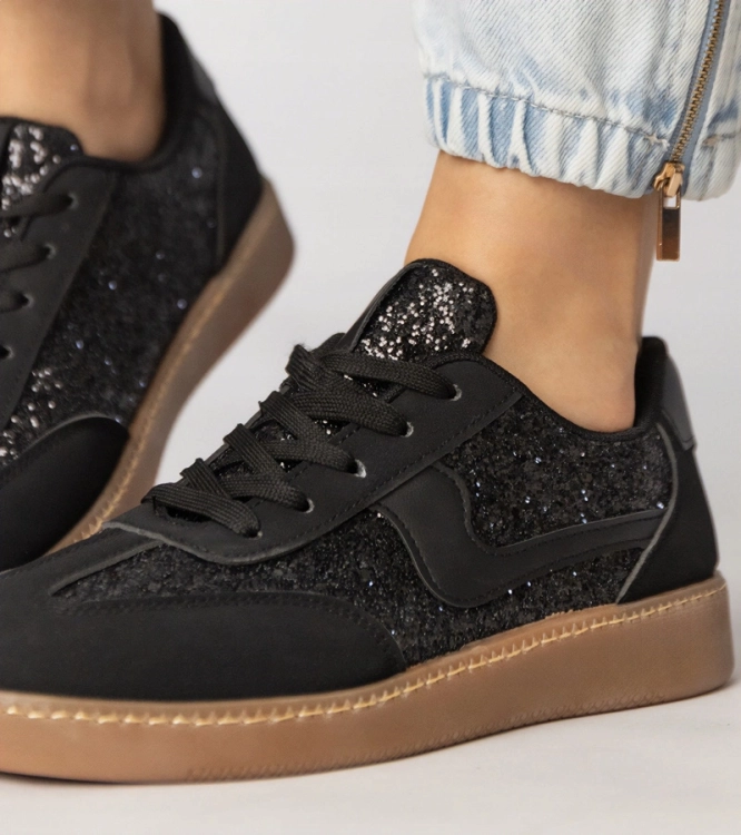 Czarne sneakersy damskie buty sportowe zdobione brokatem