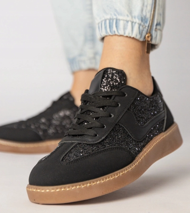 Czarne sneakersy damskie buty sportowe zdobione brokatem
