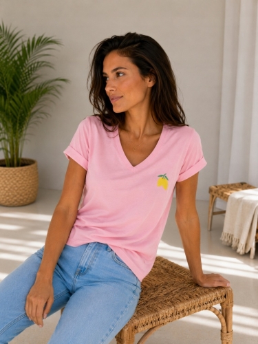 Koszulka damska T-Shirt MOTION z Cytrynkami serek klasyczna Różowa Jasna