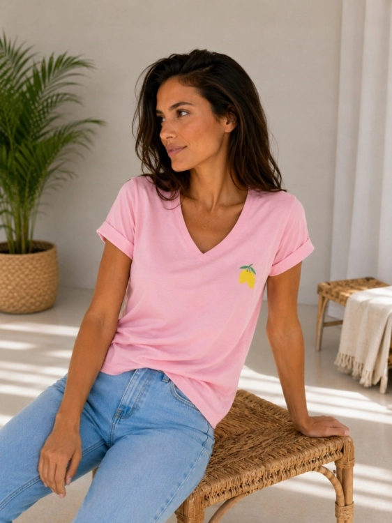 Koszulka damska T-Shirt MOTION z Cytrynkami serek klasyczna Różowa Jasna