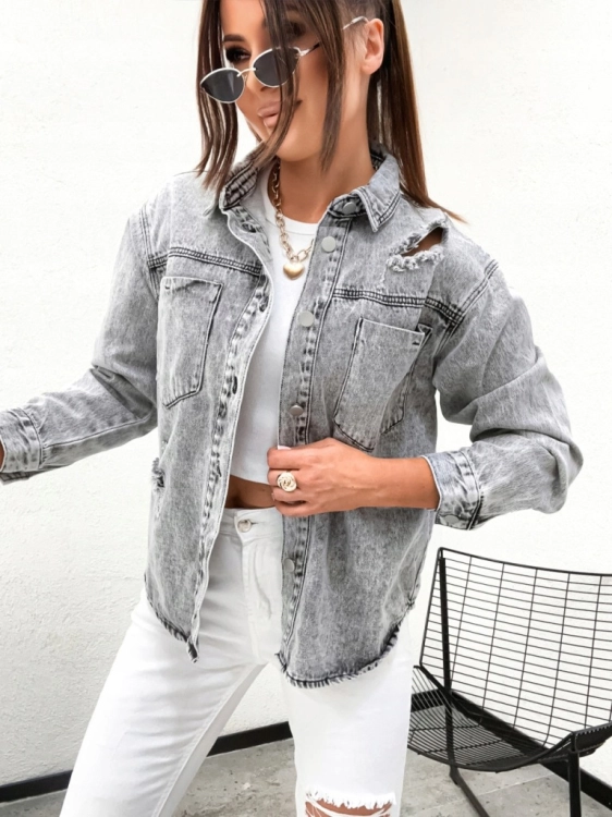 Katana koszula jeansowa Re-Dress przecierana Kurtka koszulowa Szara XS