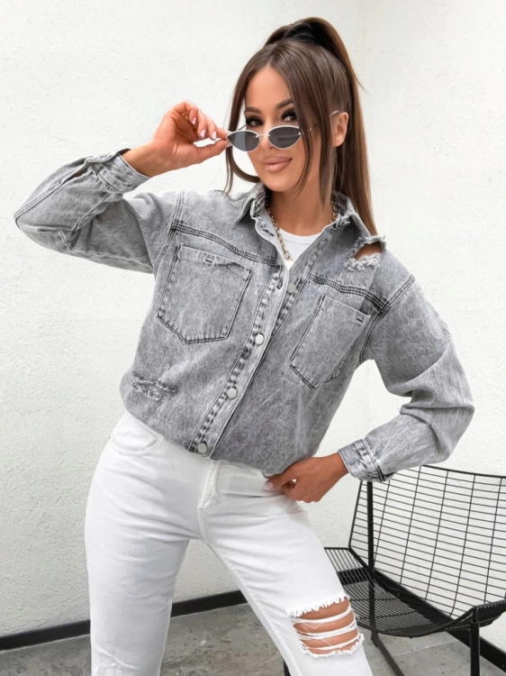 Katana koszula jeansowa Re-Dress przecierana Kurtka koszulowa Szara XS