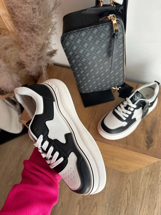 Sneakersy damskie czarne białe na grubej podeszwie sportowe
