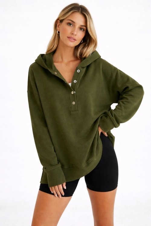 Bluza sportowa z kapturem prążek miękka napy zielona khaki