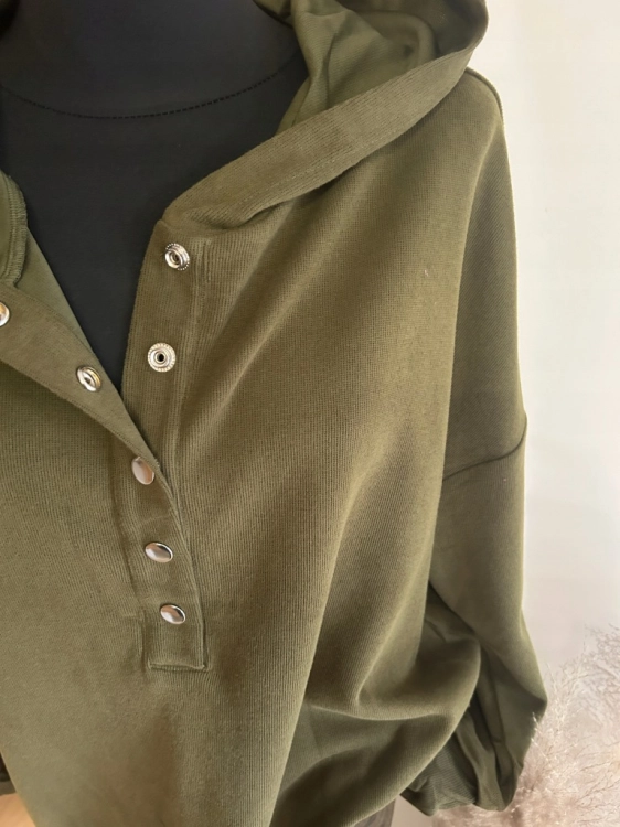 Bluza sportowa z kapturem prążek miękka napy zielona khaki