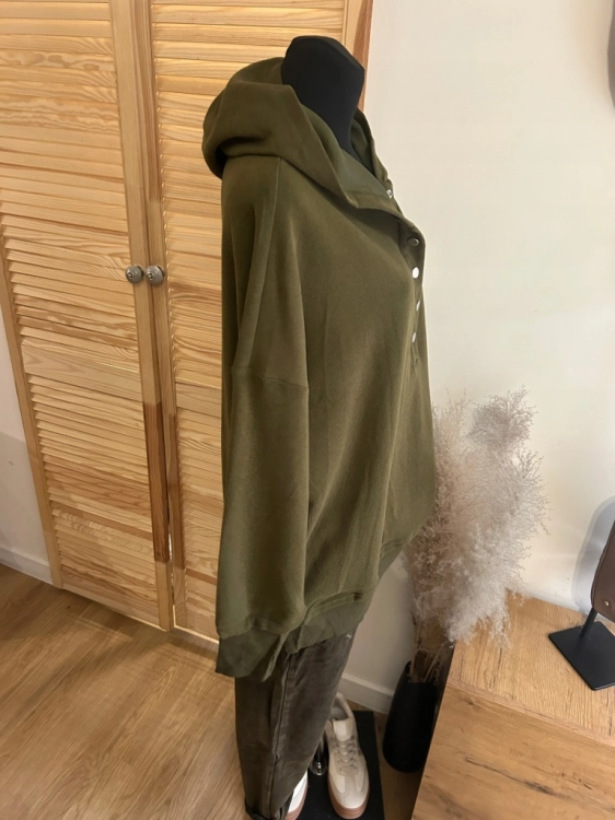 Bluza sportowa z kapturem prążek miękka napy zielona khaki
