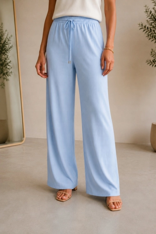 Spodnie damskie szerokie WIDE prążek lekkie zwiewne Elegan niebieskie