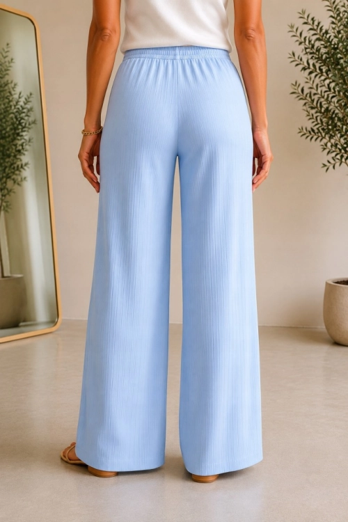 Spodnie damskie szerokie WIDE prążek lekkie zwiewne Elegan niebieskie